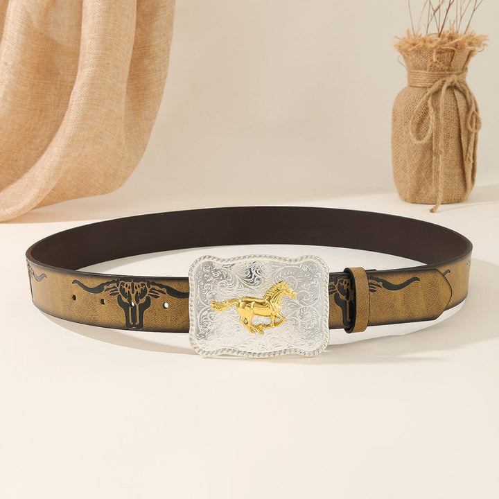 Western Golden Running Horse Silver Buckle Bullhead Embossed Belt - image 2