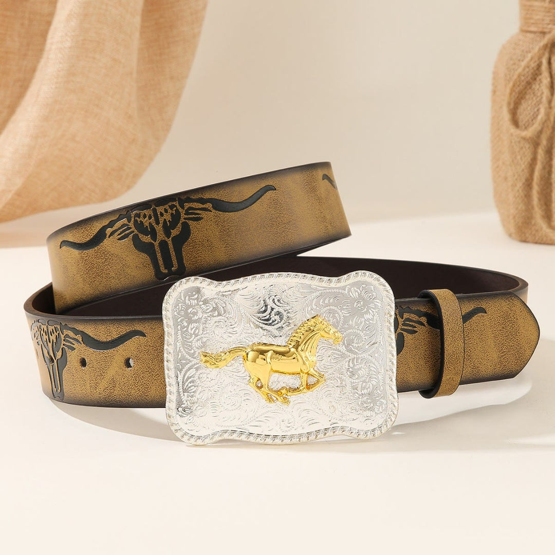 Western Golden Running Horse Silver Buckle Bullhead Embossed Belt - Golden Horse - 44 - image 0