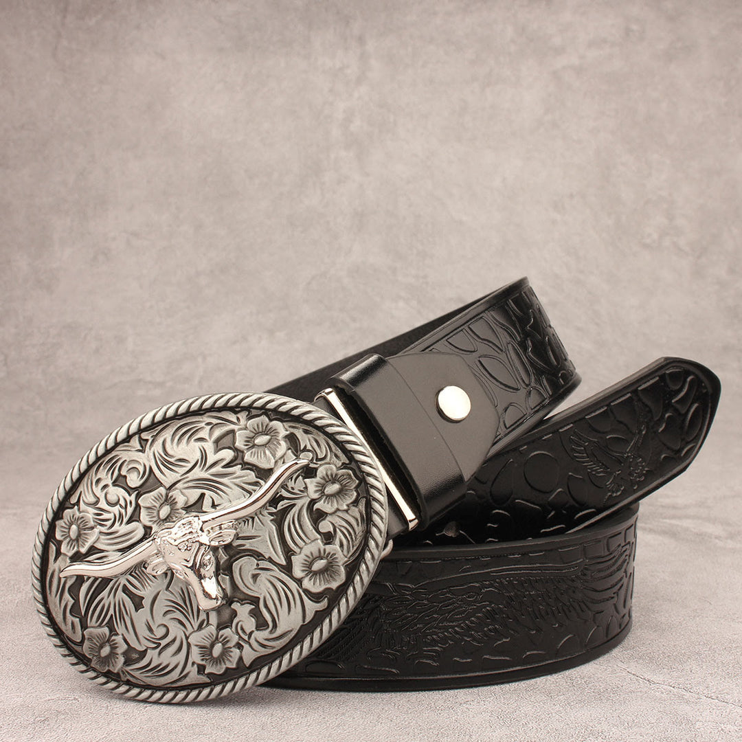 Vintage Carved Longhorned Bull Buckle Embossed Leather Belt - Style #1 - 40 - image 0