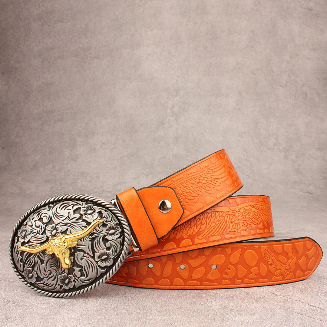 Vintage Carved Longhorned Bull Buckle Embossed Leather Belt - Style #4 - 40 - image 3