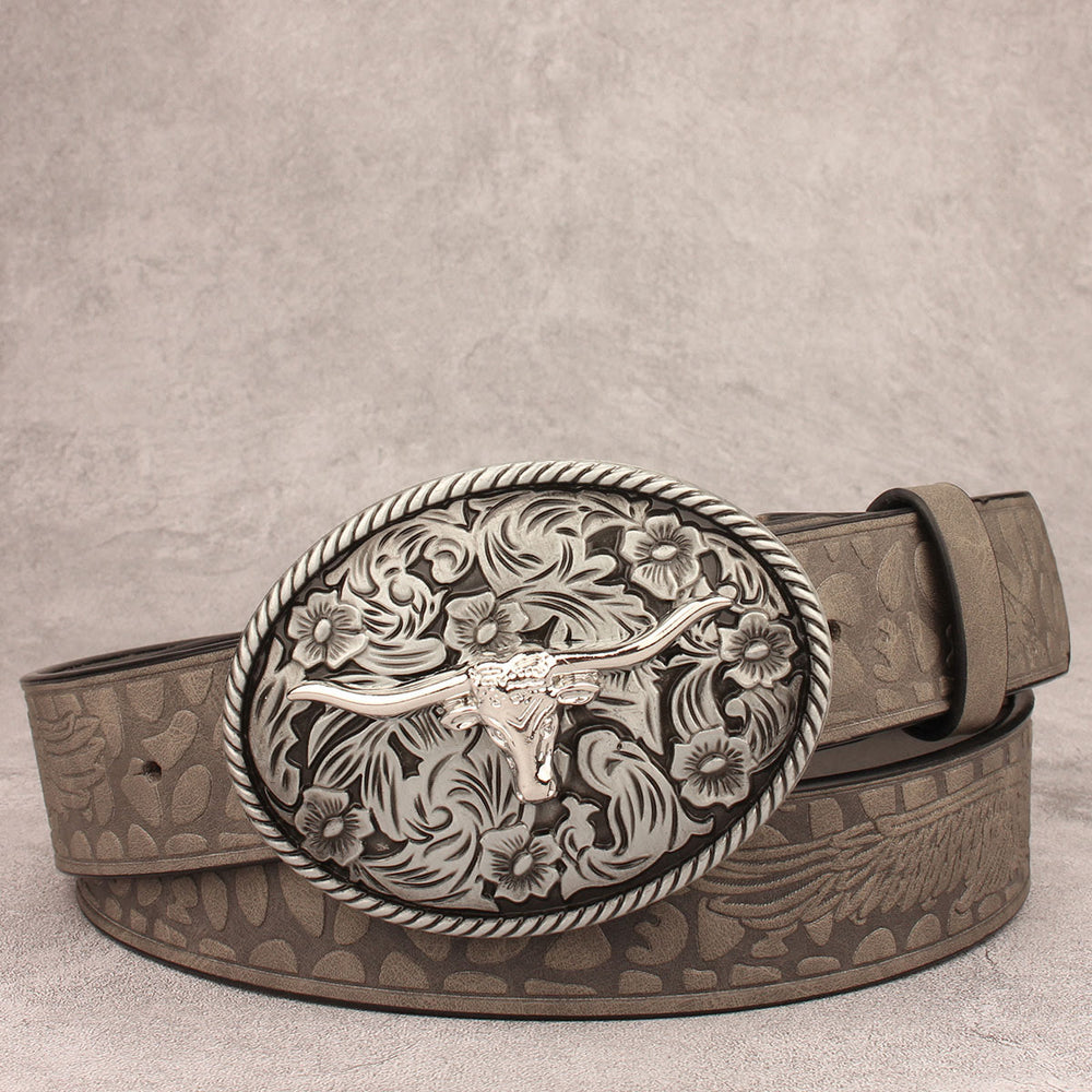 Vintage Carved Longhorned Bull Buckle Embossed Leather Belt - Style #2 - 40 - image 1