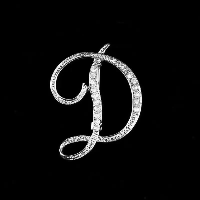 Golden & Silver Initial Letter Diamond Inlaid Brooch - Silver - D - image 26