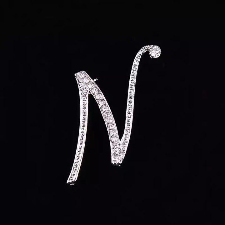 Golden & Silver Initial Letter Diamond Inlaid Brooch - Silver - N - image 36