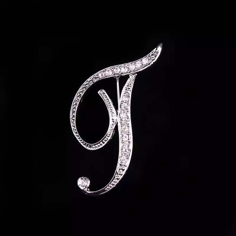Golden & Silver Initial Letter Diamond Inlaid Brooch - Silver - T - image 41