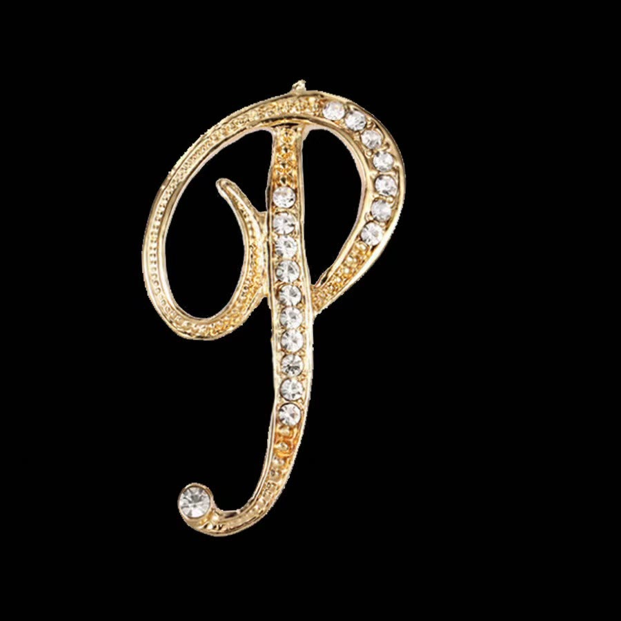 Golden & Silver Initial Letter Diamond Inlaid Brooch - Golden - P - image 13