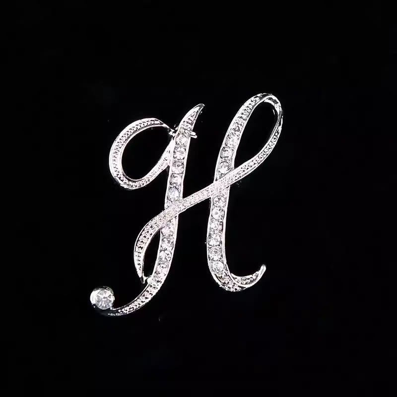 Golden & Silver Initial Letter Diamond Inlaid Brooch - Silver - H - image 30