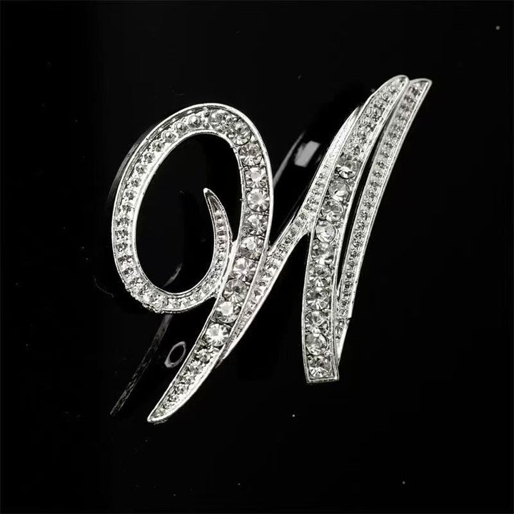 Golden & Silver Initial Letter Diamond Inlaid Brooch - Silver - W - image 44