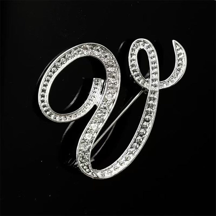 Golden & Silver Initial Letter Diamond Inlaid Brooch - Silver - V - image 43