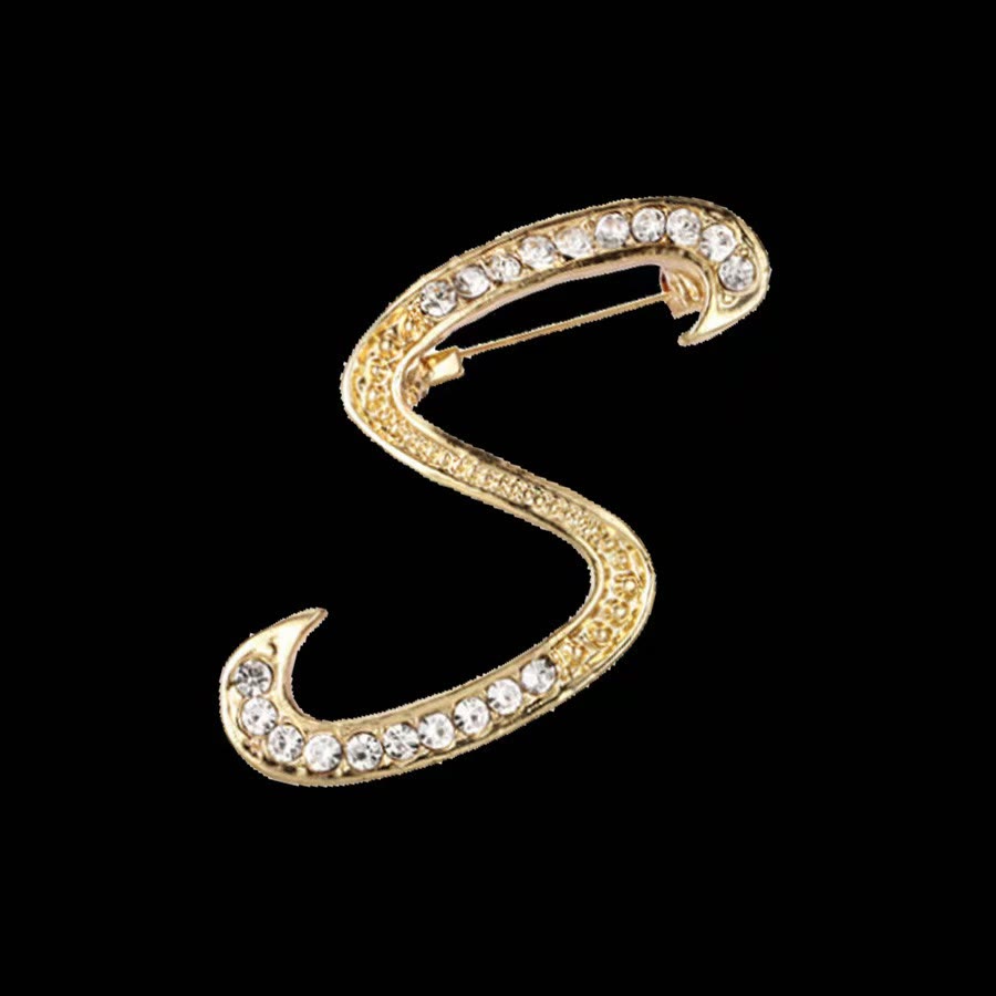 Golden & Silver Initial Letter Diamond Inlaid Brooch - Golden - S - image 16