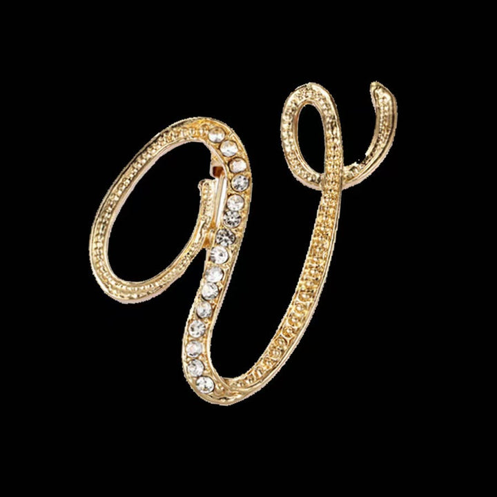 Golden & Silver Initial Letter Diamond Inlaid Brooch - Golden - V - image 19