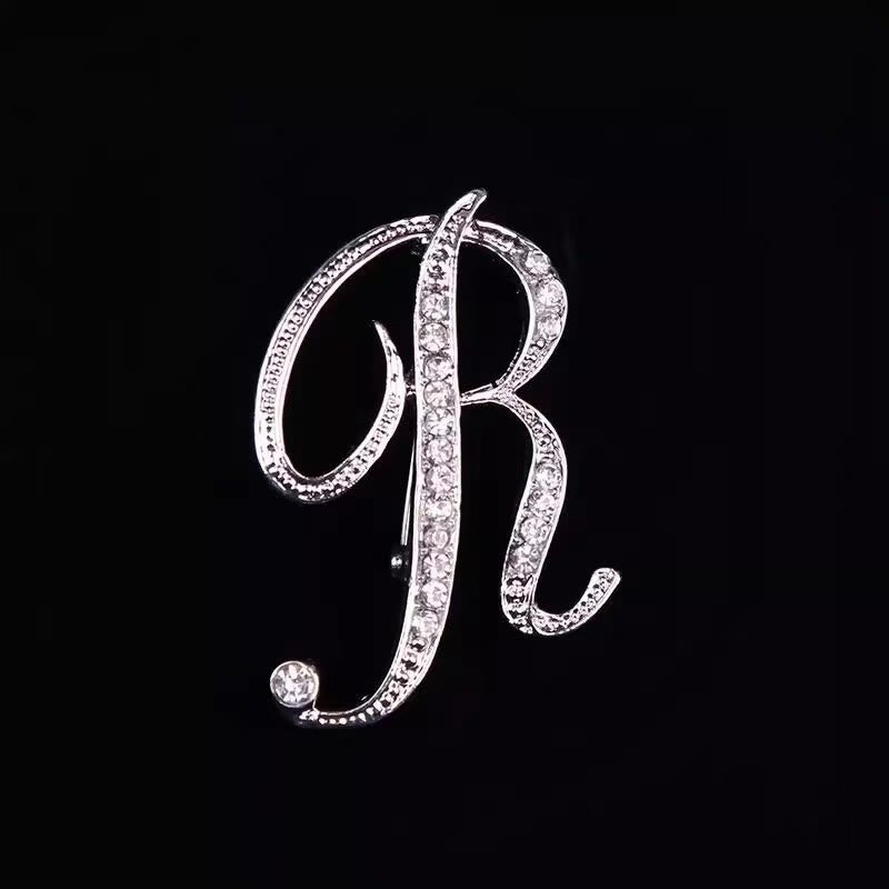 Golden & Silver Initial Letter Diamond Inlaid Brooch - Silver - R - image 40