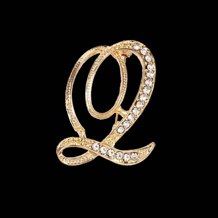 Golden & Silver Initial Letter Diamond Inlaid Brooch - Golden - Q - image 14