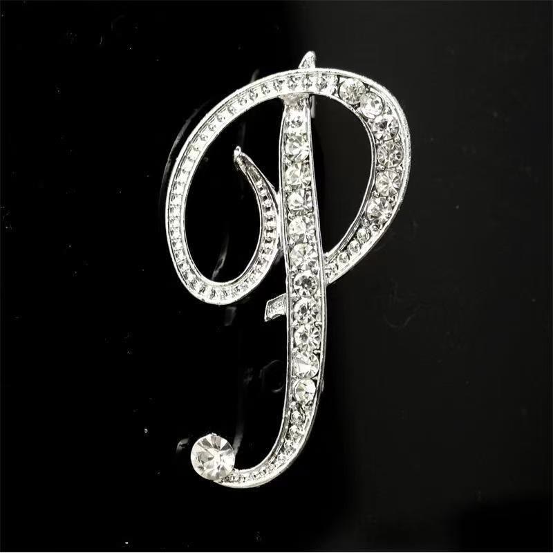 Golden & Silver Initial Letter Diamond Inlaid Brooch - Silver - P - image 38