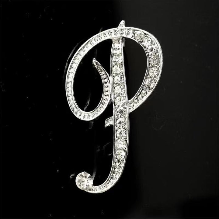 Golden & Silver Initial Letter Diamond Inlaid Brooch - Silver - P - image 38