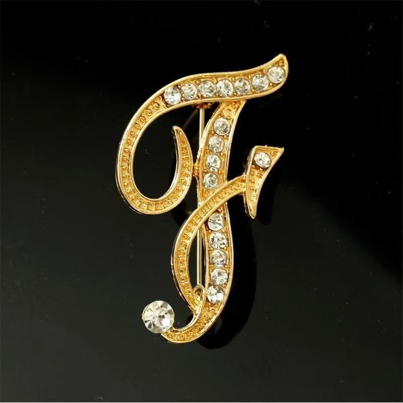 Golden & Silver Initial Letter Diamond Inlaid Brooch - Golden - F - image 5