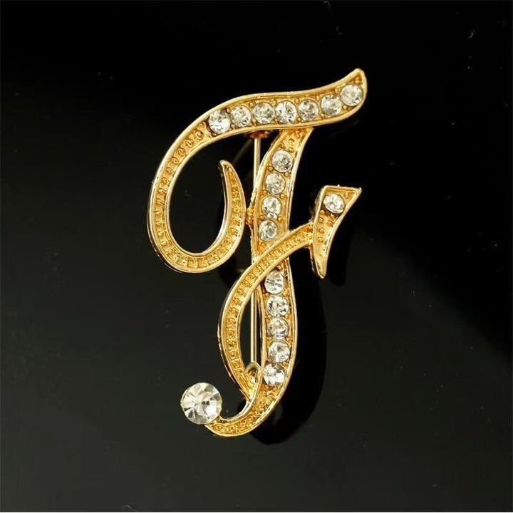 Golden & Silver Initial Letter Diamond Inlaid Brooch - Golden - F - image 5