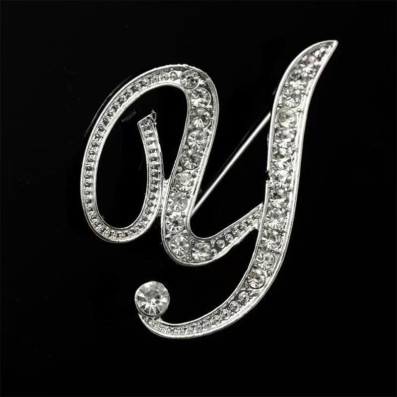 Golden & Silver Initial Letter Diamond Inlaid Brooch - Silver - Y - image 46