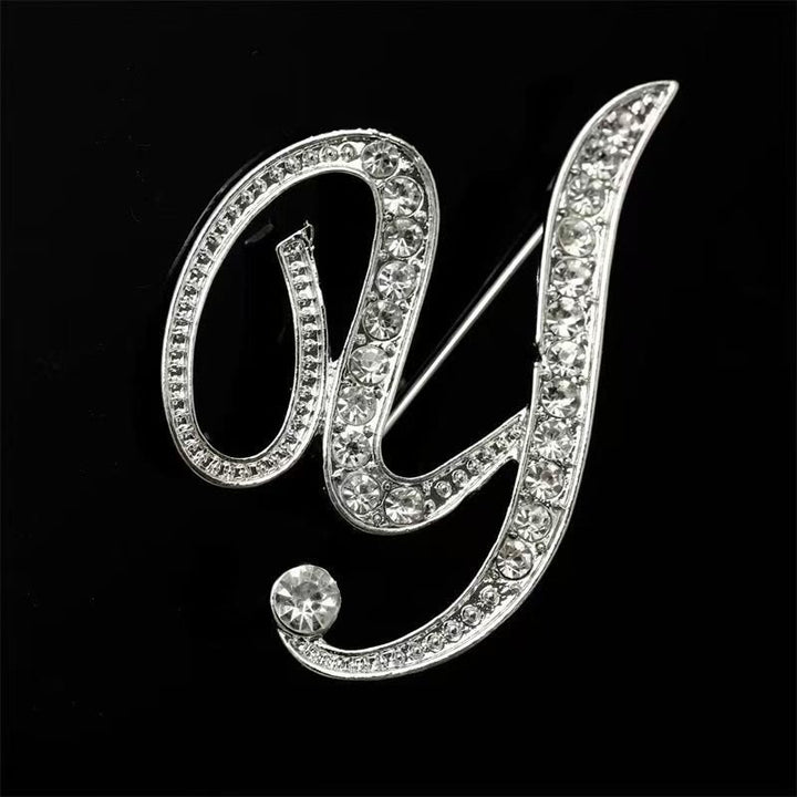 Golden & Silver Initial Letter Diamond Inlaid Brooch - Silver - Y - image 46