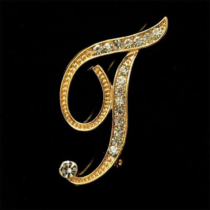 Golden & Silver Initial Letter Diamond Inlaid Brooch - Golden - T - image 17