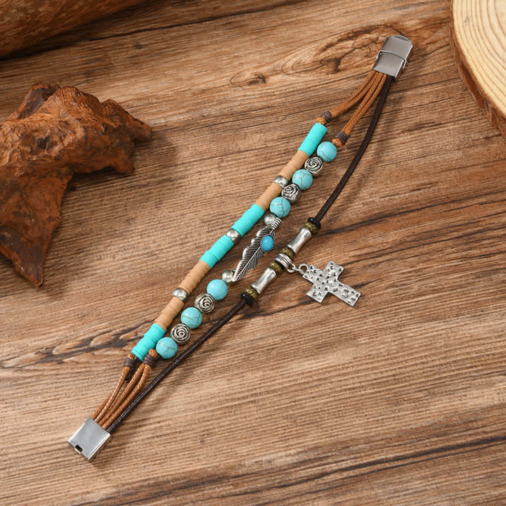 Turquoise Cross Feather Layered Leather Bracelet - image 2