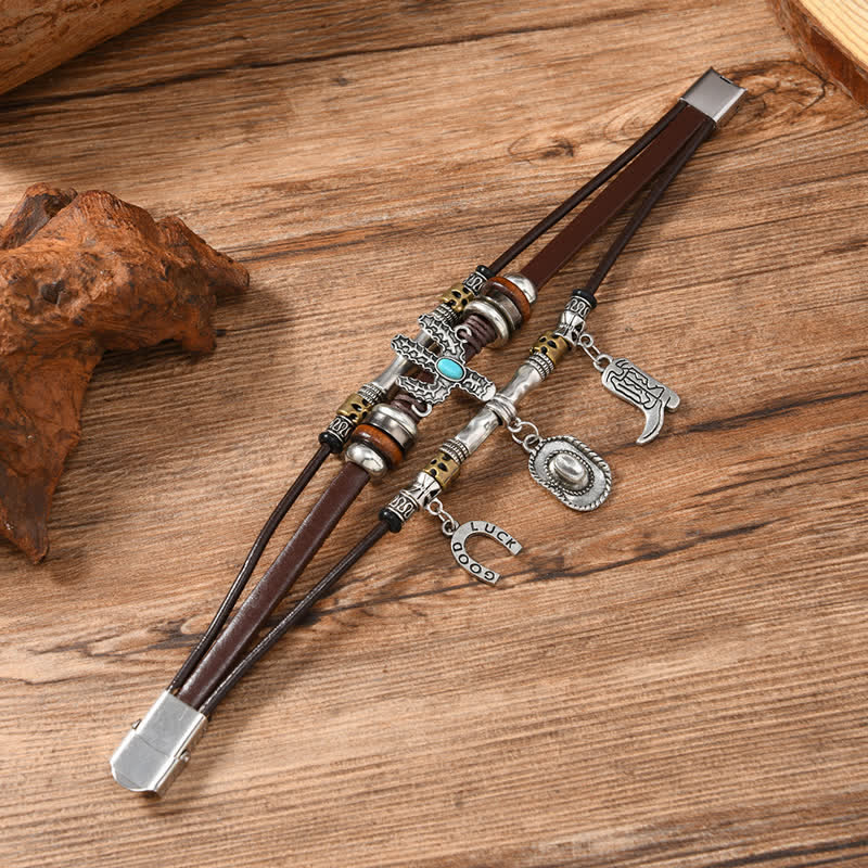 Wild West Horseshoe Hat Boot Charms Leather Bracelet - image 2