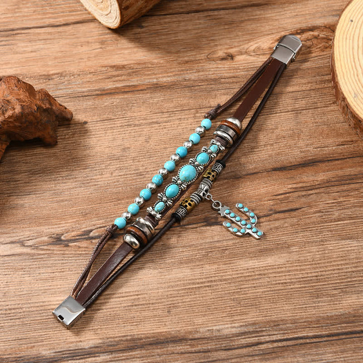 Western Turquoise & Cactus Charm Leather Bracelet - image 3