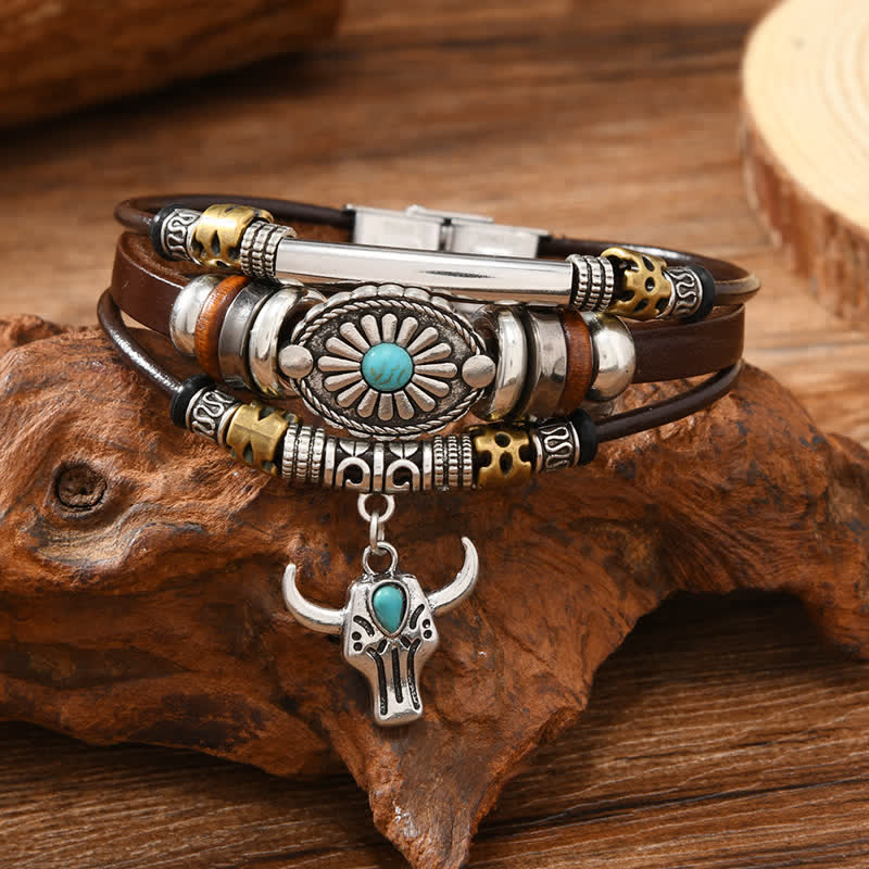 Western Essential Bull Skull Layered Leather Bracelet - Bull Skull - image 0