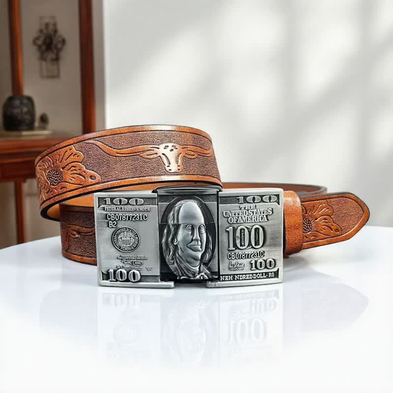 Men's US Dollar Bill Leather Belt With Hidden Kerosene Lighter - Brown - 42 - image 0