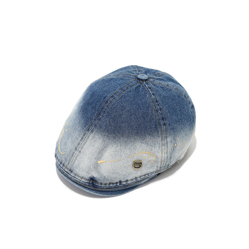 Washed Gradient Distressed Artist Denim Beret Hat - image 1