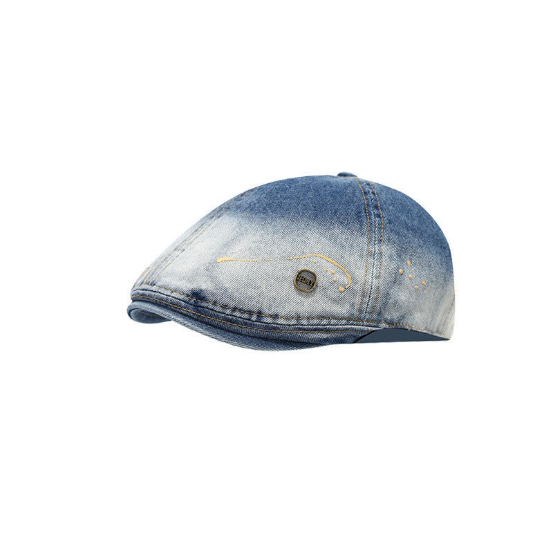 Washed Gradient Distressed Artist Denim Beret Hat - Dark Blue - Adjustable (21 1/4"-22 7/8") - image 0