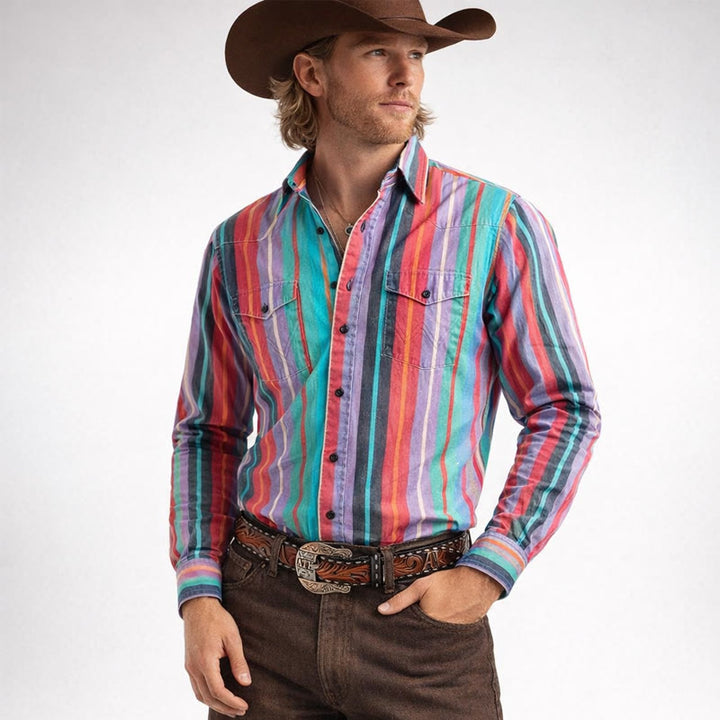 Men's Retro Western 3D Printed Rainbow Stripe Shirt - Colorful - 5XL - image 0