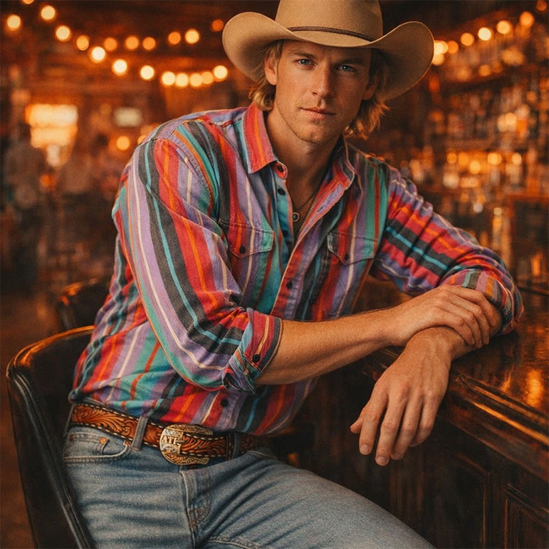 Men's Retro Western 3D Printed Rainbow Stripe Shirt - image 2