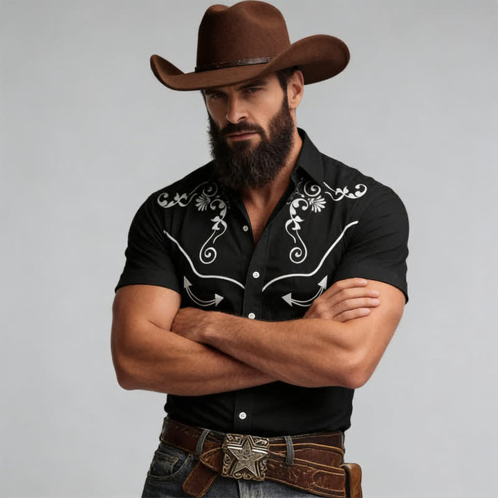 Men's Western Cowboy Scrollwork 3D Printed Contrast Yoke Shirt - Black - 5XL - image 5