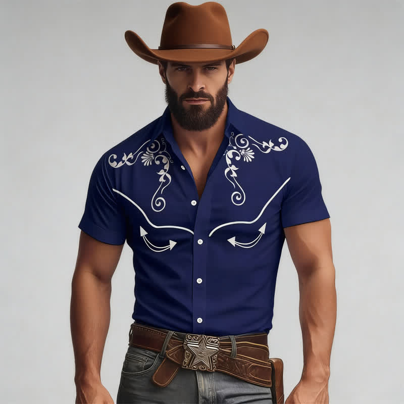 Men's Western Cowboy Scrollwork 3D Printed Contrast Yoke Shirt - Navy - 5XL - image 7