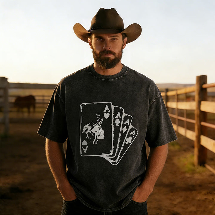 Western Style Cowboy Poker Printed Washed Short Sleeved T-shirt - Black - 3XL - image 0