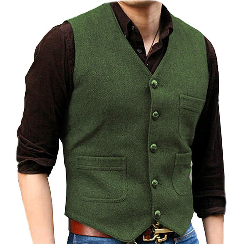 Men's Western Style Retro V-neck Multi Pocket Vest - Green - 3XL - image 14
