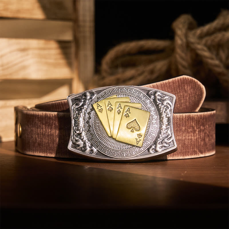 Men's DIY Gold Poker Hidden Folding Knife Leather Belt - Gold Poker - Brown Distressed Belt - 42 - image 10