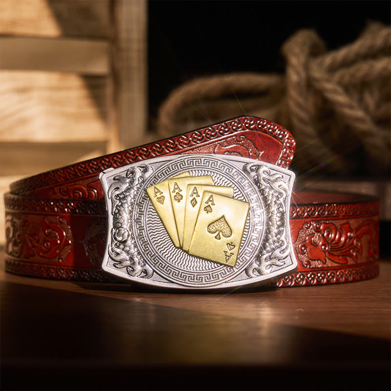 Men's DIY Gold Poker Hidden Folding Knife Leather Belt - Gold Poker - Brown Carved Belt - 42 - image 9