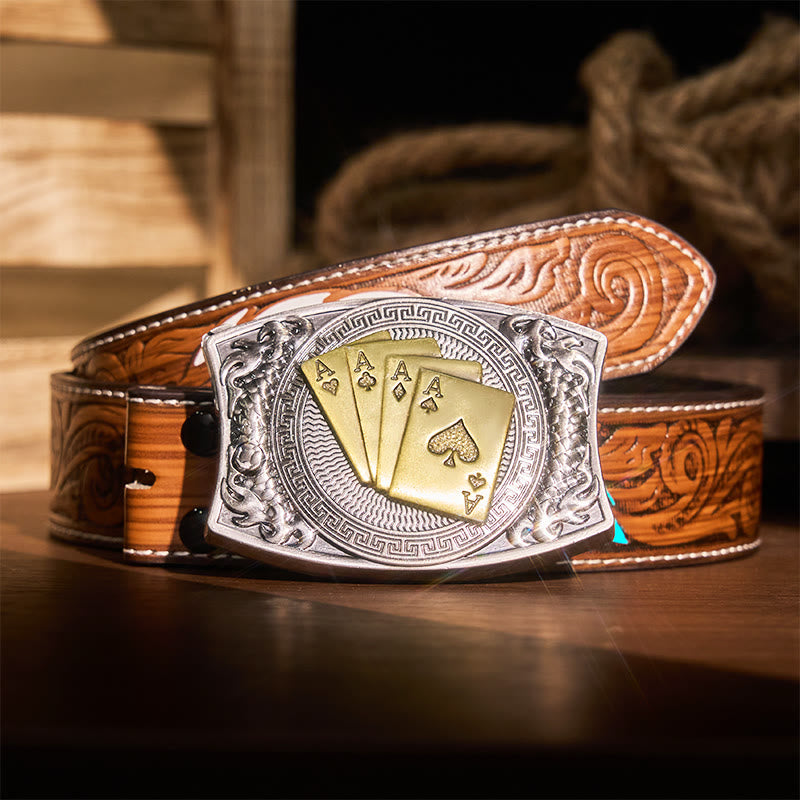Men's DIY Gold Poker Hidden Folding Knife Leather Belt - Gold Poker - Brown Feather Belt - 40 - image 11
