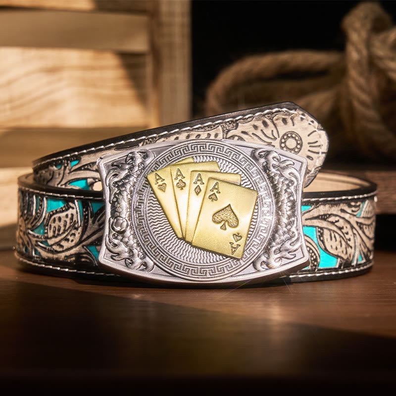 Men's DIY Gold Poker Hidden Folding Knife Leather Belt - Gold Poker - Gray Floral Belt - 42 - image 12