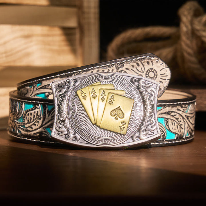 Men's DIY Gold Poker Hidden Folding Knife Leather Belt - Gold Poker - Gray Floral Belt - 42 - image 12