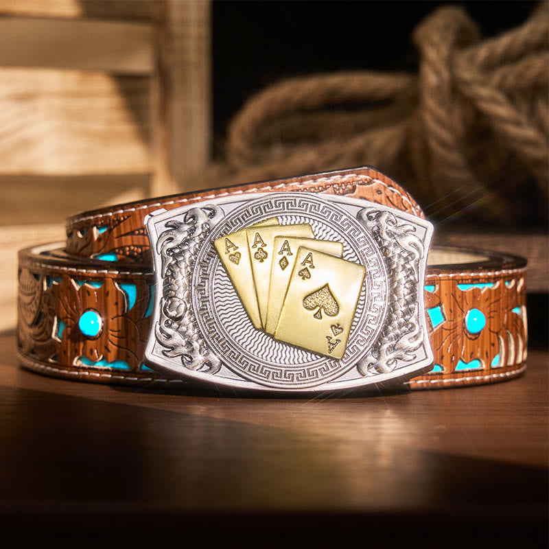 Men's DIY Gold Poker Hidden Folding Knife Leather Belt - Gold Poker - Turquoise Carved Belt - 42 - image 7
