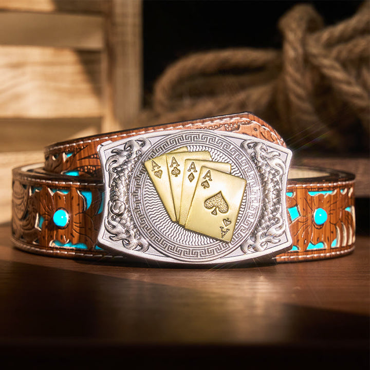 Men's DIY Gold Poker Hidden Folding Knife Leather Belt - Gold Poker - Turquoise Carved Belt - 42 - image 7