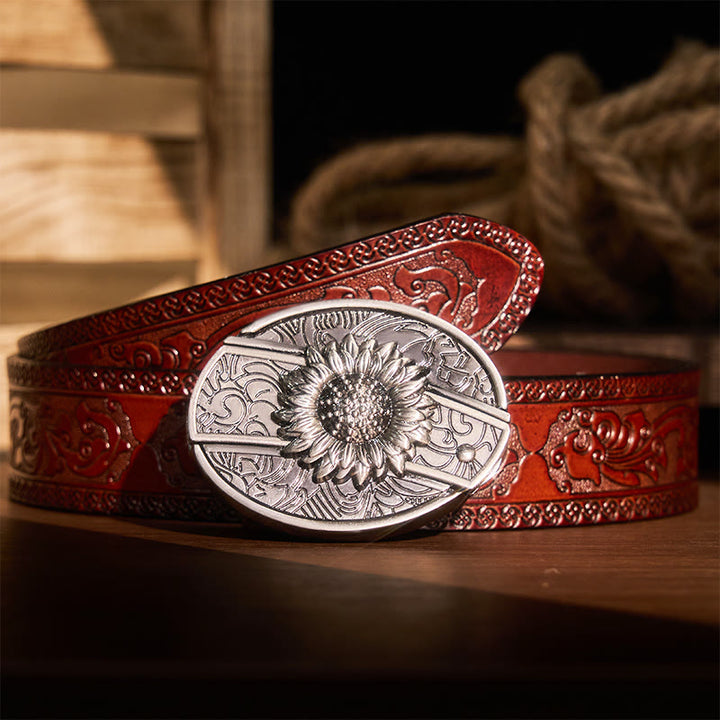 Men's DIY Sunflower Hidden Folding Knife Leather Belt - Sunflower - Brown Carved Belt - 42 - image 8