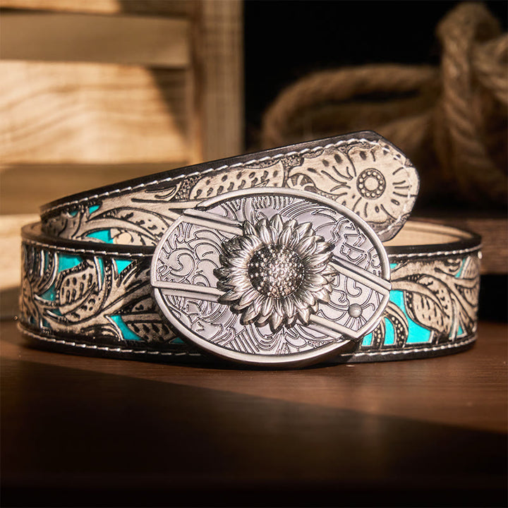 Men's DIY Sunflower Hidden Folding Knife Leather Belt - Sunflower - Gray Floral Belt - 42 - image 12