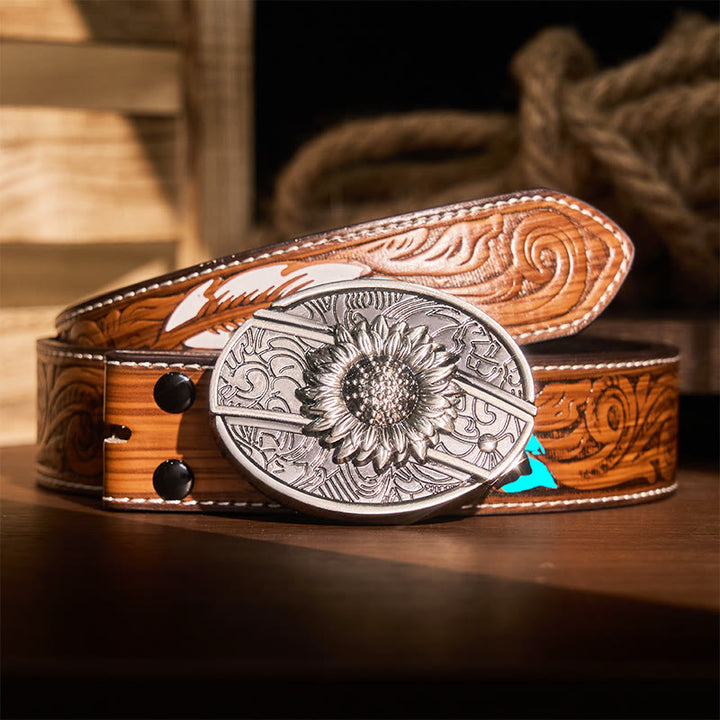 Men's DIY Sunflower Hidden Folding Knife Leather Belt - Sunflower - Brown Feather Belt - 40 - image 11