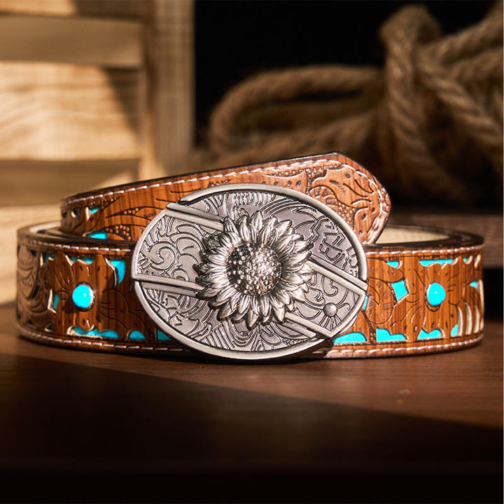 Men's DIY Sunflower Hidden Folding Knife Leather Belt - Sunflower - Turquoise Carved Belt - 42 - image 7