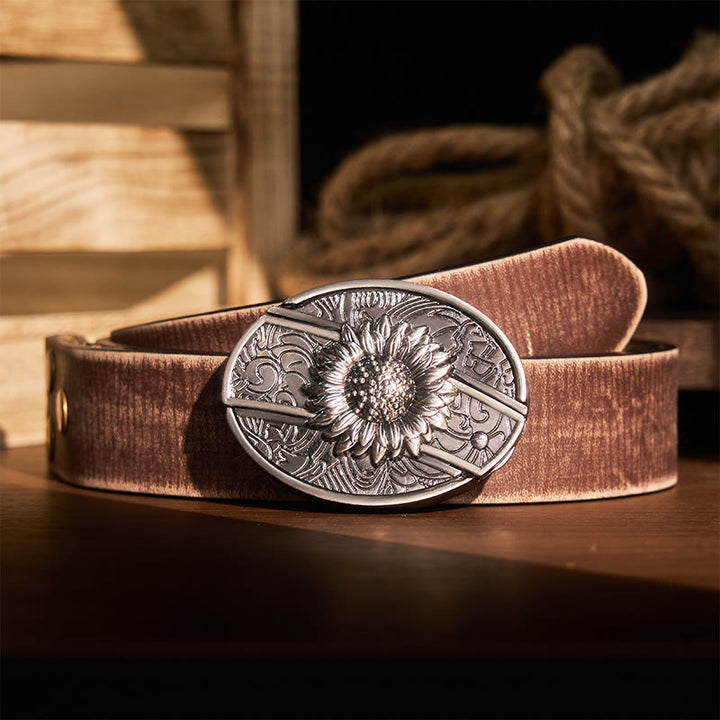 Men's DIY Sunflower Hidden Folding Knife Leather Belt - Sunflower - Brown Distressed Belt - 42 - image 10