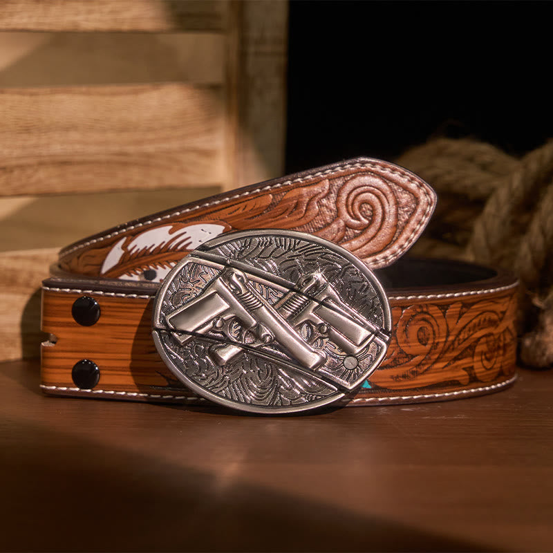 Men's DIY Dual Gun Hidden Folding Knife Leather Belt - Dual Gun - Brown Feather Belt - 40 - image 9