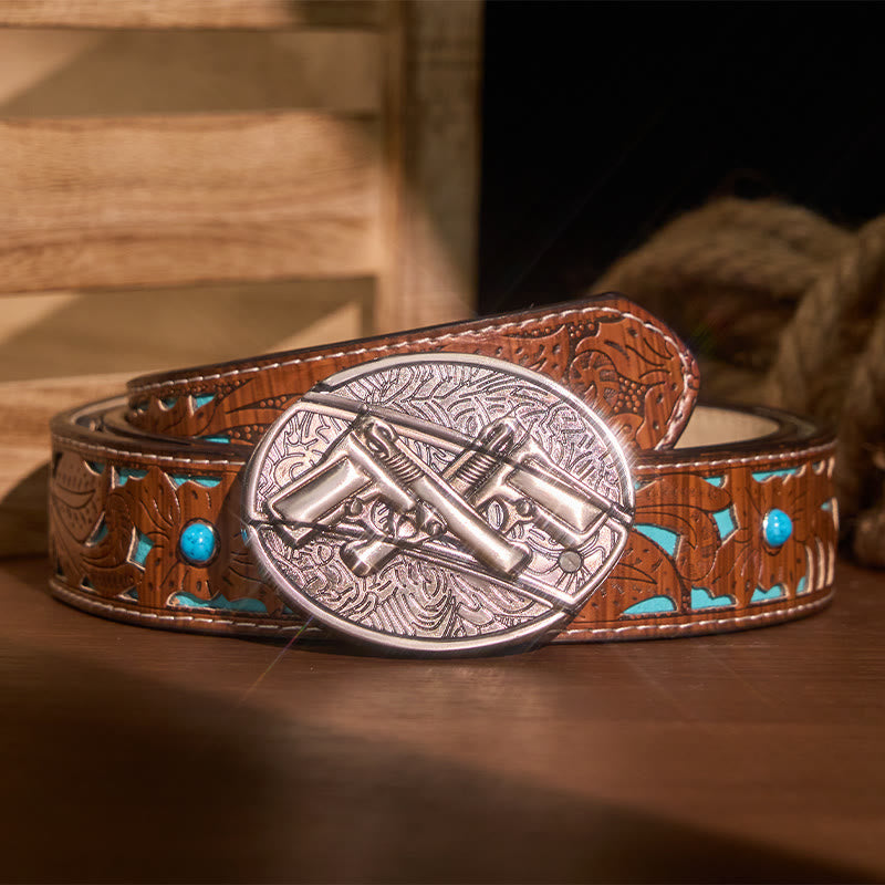 Men's DIY Dual Gun Hidden Folding Knife Leather Belt - Dual Gun - Turquoise Carved Belt - 42 - image 5